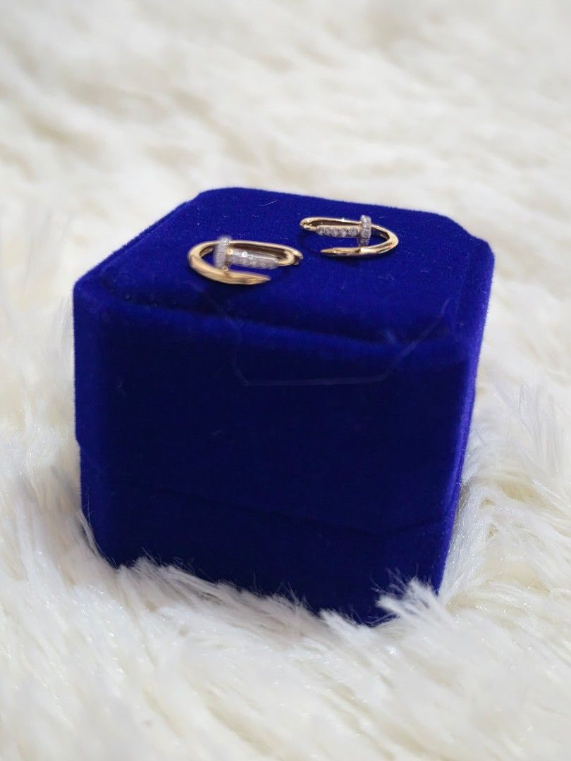 Gold Nail Diamond Earrings (Category: Earrings) located in Pasig City. Submitted by lfboutique (Listing ID 1461808436, Image 2). Description: pasig loc pick up or meet up at SM Aura Earrings: 15mm, 1.92g gold, - 18k gold earrings with 0.120ct natural diamond accents - Perfect for everyday wear or special occasions with certificate - Comes with a blue velvet box.
