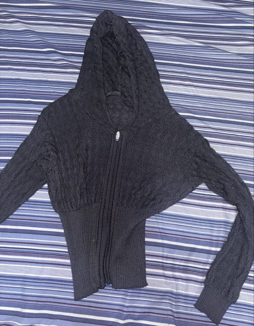Grey Cable Knit Zip-Up Hoodie (Category: Coats, Jackets and Outerwear) located in Cainta. Submitted by declutteringprelovedbyzelle (Listing ID 1461817751, Image 1). Description: - Grey cable knit zip-up hoodie - Long sleeves with ribbed cuffs - Ribbed hemline - Zipper closure - Attached hood - Fits like a size Small or Medium - Ideal for layering.