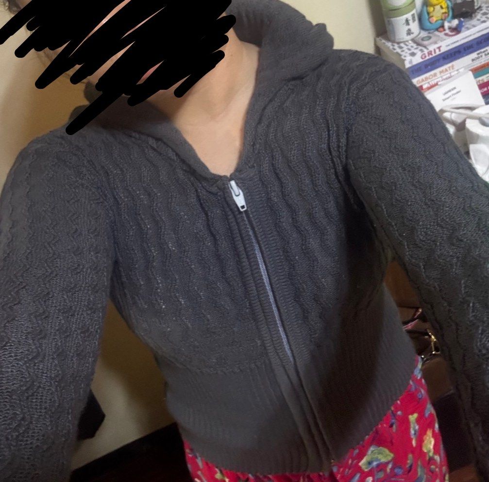 Grey Cable Knit Zip-Up Hoodie (Category: Coats, Jackets and Outerwear) located in Cainta. Submitted by declutteringprelovedbyzelle (Listing ID 1461817751, Image 2). Description: - Grey cable knit zip-up hoodie - Long sleeves with ribbed cuffs - Ribbed hemline - Zipper closure - Attached hood - Fits like a size Small or Medium - Ideal for layering.