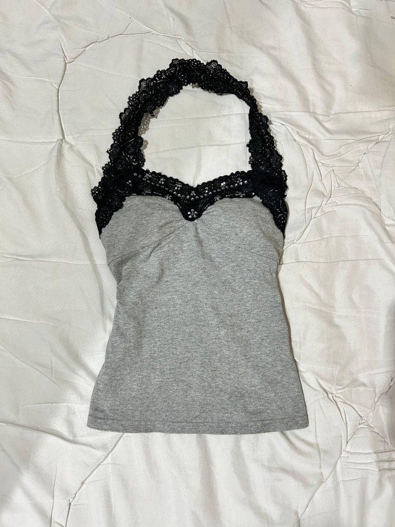 Grey Halter Top with Black Lace Trim (Category: Sleeveless) located in Caloocan City. Submitted by geliethrift_26 (Listing ID 1461804611, Image 2). Description: fits s-m, stratchable cotton fab no issue.