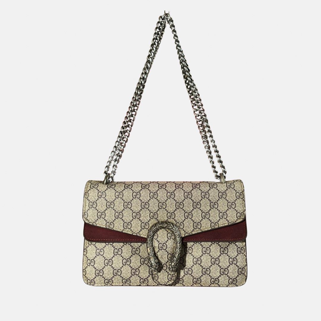 Gucci Dionysus GG Supreme Chain Bag (Category: Luxury Bags & Wallets) located in General Santos City (Dadiangas). Submitted by maisonmargiela2004 (Listing ID 1461991208, Image 1). Description: - Authentic Gucci Dionysus Bag - Iconic GG Supreme Canvas - Burgundy Suede Interior and Trim - Silver-tone Dionysus Tiger Head Closure - Chain Strap for Shoulder/Crossbody Wear - Made in Italy - Comes with Dust Bag.