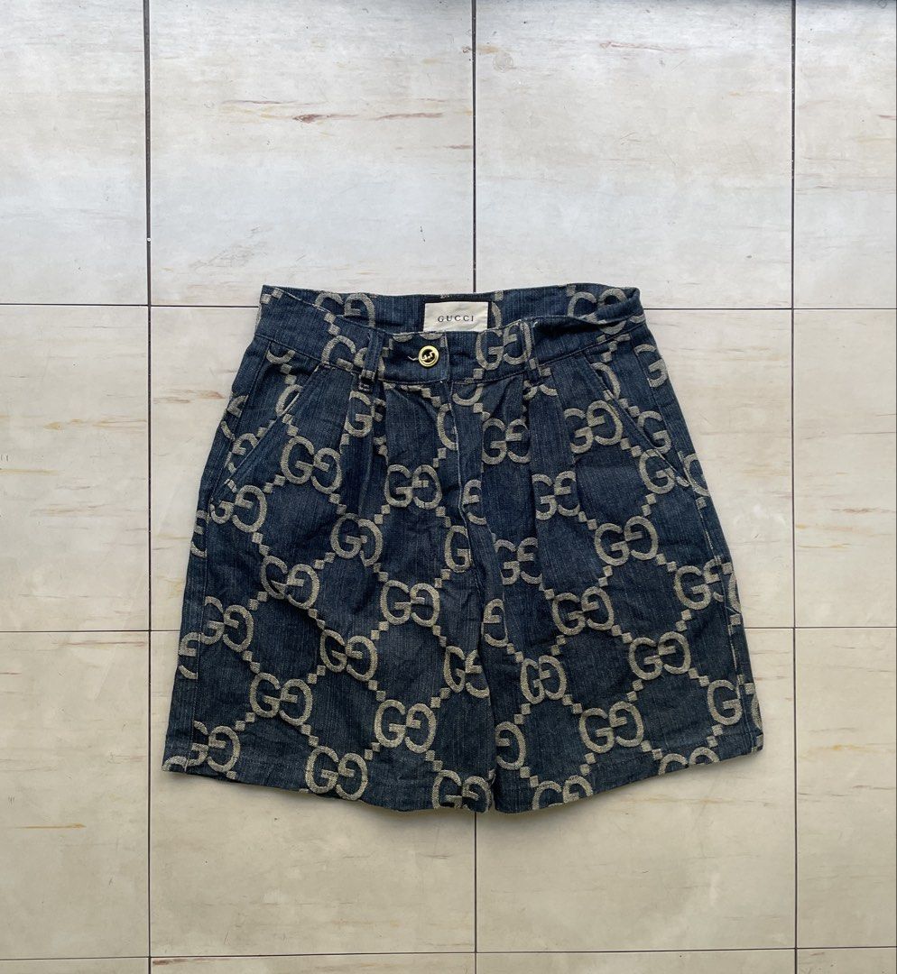 Gucci GG Monogram Denim Shorts (Category: Shorts) located in Manila. Submitted by cis_thrift143 (Listing ID 1461957600, Image 1). Description: - Authentic Gucci denim shorts - All-over GG monogram pattern - Made in Italy - Button and zip closure - Two back pockets with leather trim - Perfect statement piece for your wardrobe.