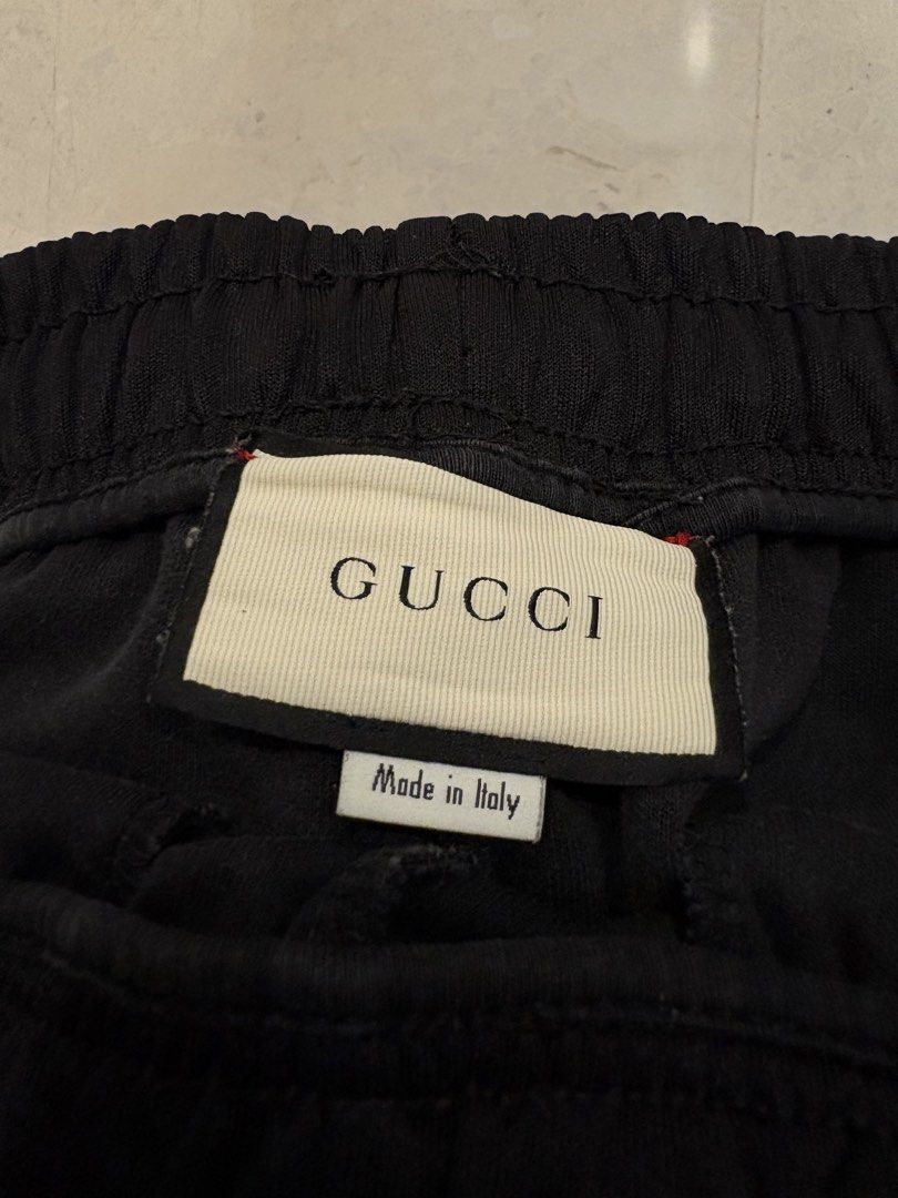 Gucci Tapered Webbing-Trimmed Tech-Jersey Track Pants (Category: Joggers) located in Bacolod City. Submitted by moboandmoga (Listing ID 1461848781, Image 3). Description: Gucci Tapered Webbing-Trimmed Tech-Jersey Track Pants Size: 30-32 (Garterized) Excellent Condition (Sizing info) Length: 38 inches Leg op: 5” Note: see last photos (minor issue.