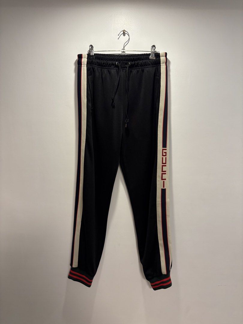 Gucci Tapered Webbing-Trimmed Tech-Jersey Track Pants (Category: Joggers) located in Bacolod City. Submitted by moboandmoga (Listing ID 1461848781, Image 2). Description: Gucci Tapered Webbing-Trimmed Tech-Jersey Track Pants Size: 30-32 (Garterized) Excellent Condition (Sizing info) Length: 38 inches Leg op: 5” Note: see last photos (minor issue.