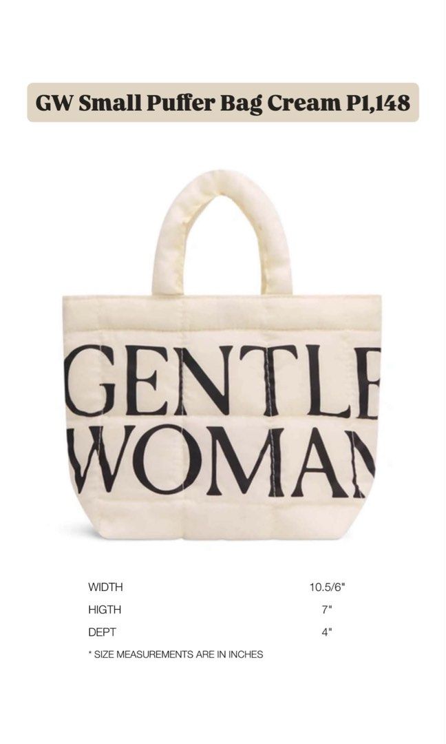 GW Small Puffer Bag Cream (Category: Tote Bags) located in Manila. Submitted by trueriver02 (Listing ID 1461858958, Image 1). Description: - Cute cream puffer bag from GW - Small size - Measurements: Width 10.5 inches, Height 7 inches, Depth 4 inches - Ideal for carrying essentials - Versatile for styling with any outfit.