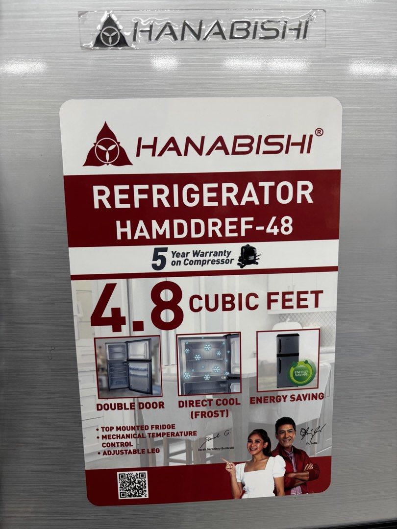 Hanabishi Refrigerator 4.8 Cu. Ft. Double Door (Category: Refrigerators and Freezers) located in Manila. Submitted by aaaeina (Listing ID 1461998462, Image 3). Description: - Hanabishi refrigerator 4.8 cubic feet, double door design. - Bought for 13k as seen in picture. Used only for 1 yr. NO ISSUE sa lamig at tibay. - Minor issue, external lang. Chipped paints sa bandang baba at door handle. - RFS: bumili ng mas malaking ref. .