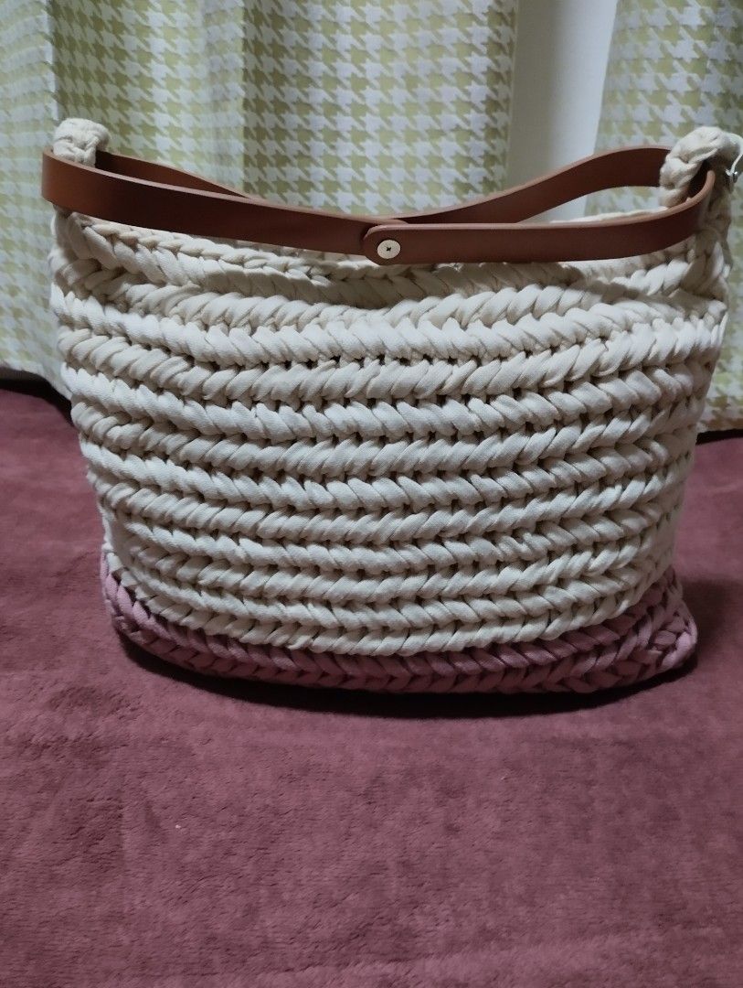 Handmade Crocheted Bag with Leather Straps (Category: Shoulder Bags) located in Mabalacat. Submitted by uniqlover (Listing ID 1461956682, Image 3). Description: - Cute handmade crocheted bag - Two-tone design: Pink and off-white - Sturdy leather straps - Ideal for everyday use or beach trips - Spacious for essentials - Unique, one-of-a-kind piece.