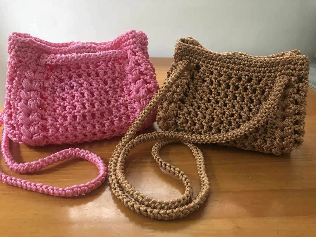 Handmade Crocheted Two-way Bags - Pink & Tan (Category: Shoulder Bags) located in Imus. Submitted by mrsz3r0 (Listing ID 1461868898, Image 3). Description: - small size -Handmade crocheted two-way bags - Can Choose color wat that you want - Features a lovely open-knit pattern - Decorative stitching detail - Braided straps - Perfect size for essentials - Great for casual outings or adding a pop of color.