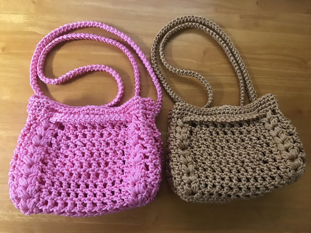 Handmade Crocheted Two-way Bags - Pink & Tan (Category: Shoulder Bags) located in Imus. Submitted by mrsz3r0 (Listing ID 1461868898, Image 1). Description: - small size -Handmade crocheted two-way bags - Can Choose color wat that you want - Features a lovely open-knit pattern - Decorative stitching detail - Braided straps - Perfect size for essentials - Great for casual outings or adding a pop of color.