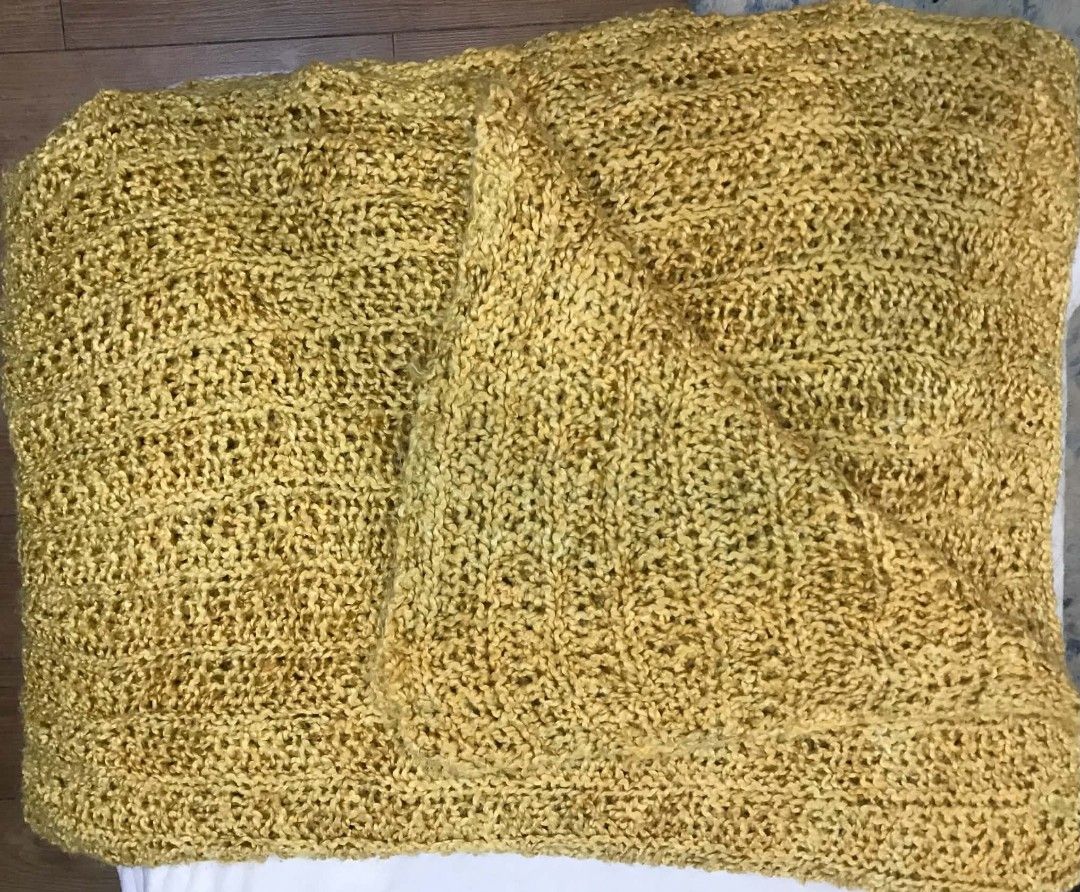Handmade Knitted Blanket - Mustard Yellow (Category: Cushions & Throws) located in Imus. Submitted by stop_shop7 (Listing ID 1461828121, Image 2). Description: - Cozy, handmade knitted blanket - Beautiful mustard yellow color - Textured stitch pattern - Long and versatile for multiple styling options - Perfect for cooler weather - Feels soft and comfortable -size: 75*80 inches.
