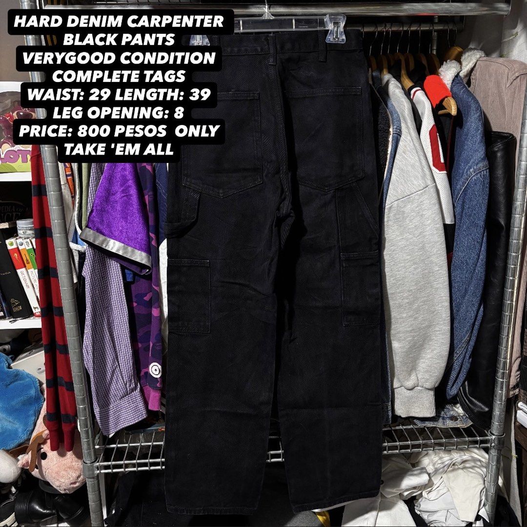 Hard Denim Carpenter Black Pants (Category: Jeans) located in Caloocan City. Submitted by bonsatocha43876 (Listing ID 1461985841, Image 1). Description: - Black hard denim carpenter pants - Waist: 29 inches - Length: 39 inches - Leg Opening: 8 inches - Condition: Very good, with original tags still attached - Grab these stylish and durable pants now!.