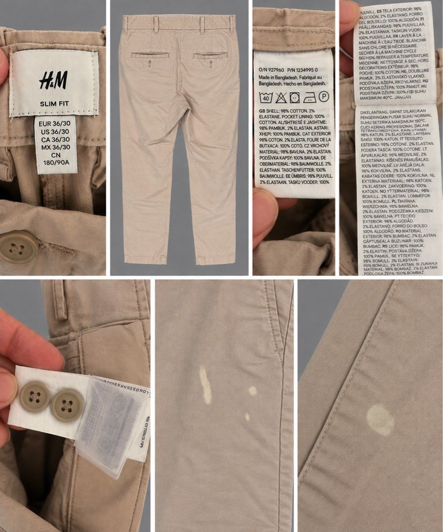 H&M Chino Pants Slim Fit (Beige) (Category: Chinos) located in Manila. Submitted by socalkid (Listing ID 1461867855, Image 2). Description: H&M Chino Pants Slim Fit (Beige) Perfect for casual and office wear. Size: 36 on tag 19’ - waist (fits 38) 27’ - inseam 7’ - leg opening ✅ Used (issue: bleach stains) 🇺🇸 Bought in the US 💵 Price slightly negotiable 🛵 On-hand | Ready to ship ⚠️ Free shipping for purchases of two or more items.