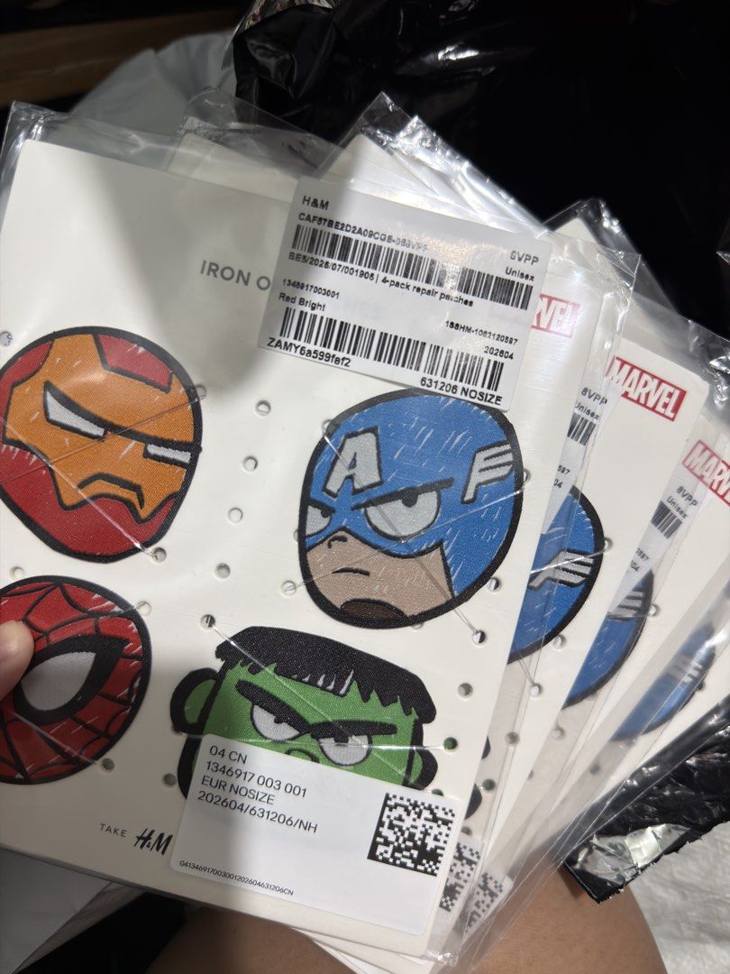 H&M Marvel Iron-On Patches - 4 Pack (Category: Craft Supplies & Tools) located in Pasig City. Submitted by loveanca (Listing ID 1460748453, Image 1). Description: - Cool Marvel iron-on patches featuring Iron Man, Captain America, Spider-Man, and Hulk. - Perfect for customizing jackets, bags, or any clothing item. - Easy to apply using a household iron. - A must-have for any dedicated Marvel fan. - Show off your favorite superheroes in style!.