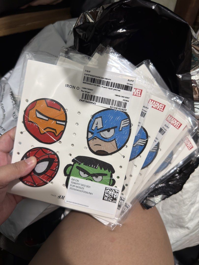 H&M Marvel Iron-On Patches - 4 Pack (Category: Craft Supplies & Tools) located in Pasig City. Submitted by loveanca (Listing ID 1460748453, Image 3). Description: - Cool Marvel iron-on patches featuring Iron Man, Captain America, Spider-Man, and Hulk. - Perfect for customizing jackets, bags, or any clothing item. - Easy to apply using a household iron. - A must-have for any dedicated Marvel fan. - Show off your favorite superheroes in style!.