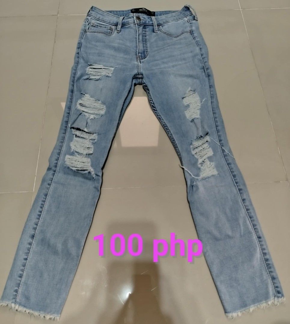 Hollister Jeans Bundle - 3 Pairs (Category: Jeans) located in Bulacan. Submitted by clutsngo (Listing ID 1461854648, Image 2). Description: - Three pairs of Hollister jeans - All size 27 - Light wash with distressed details and frayed hem - Dark wash with distressed details and frayed hem - Dark wash with distressed details and pointed frayed hem - Great for casual wear.