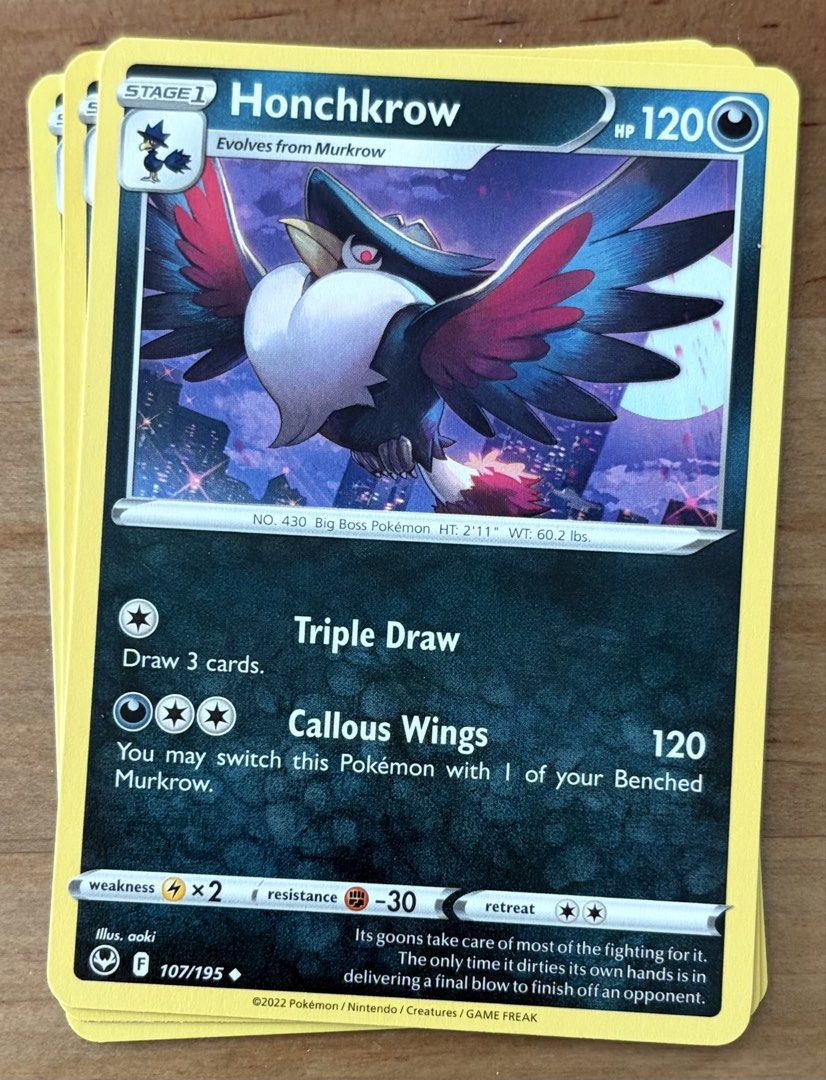 Honchkrow | Pokemon Cards ~ Silver Tempest (Category: Raw Singles) located in Makati City. Submitted by cardlab (Listing ID 1461817207, Image 1). Description: Items are 💯 authentic/original/legit. About The Card: •Language: EN • Number: 107/195 • Uncommon • Normal FOR: • Cards ₱99 and below with Card Sleeves • Cards ₱100 and up with Card Sleeves and Used Toploader • ₱10 for Bnew Tops Packaging (If Shipping): ✔️ Plastic cover ✔️ Cardboard ✔️ Bubb