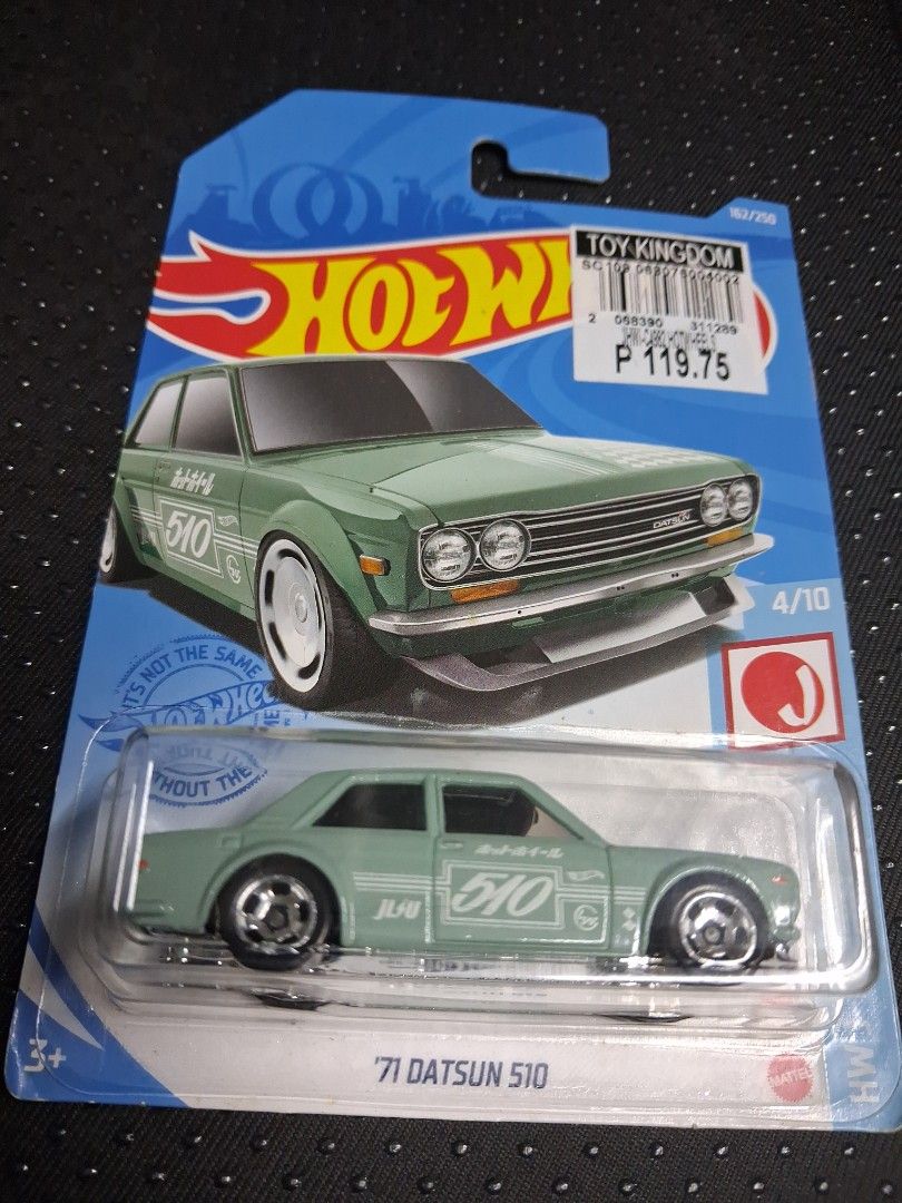 Hot Wheels '71 Datsun 510 4/10 (Category: Vehicle & Diecast Models) located in Quezon City. Submitted by xserena (Listing ID 1462001260, Image 1). Description: - Hot Wheels '71 Datsun 510 - Part of the 4/10 series - Color: Light green with '510' graphics - Condition: Brand new in original packaging - Ideal for collectors or for play.