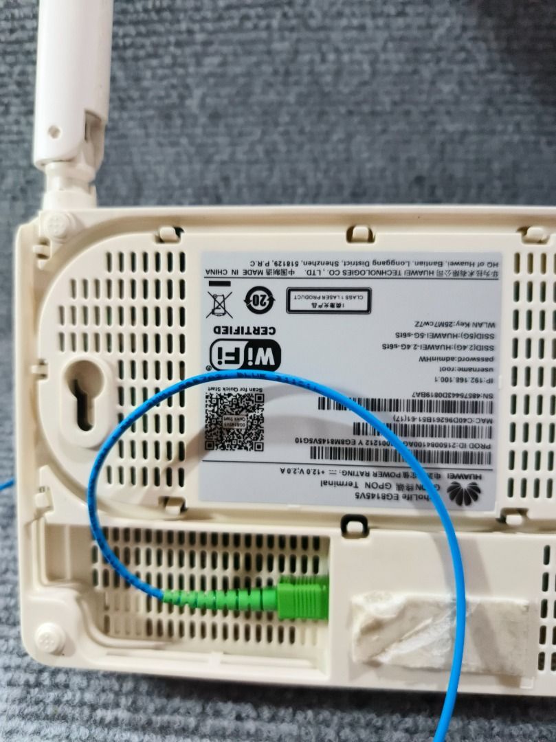 Huawei GPON Terminal WiFi Router (Category: Networking) located in San Leonardo. Submitted by burgossanleonardo.12345 (Listing ID 1461820628, Image 3). Description: - Huawei HG8145V5 GPON Terminal WiFi Router - Dual antennas for strong WiFi signal - Comes with blue fiber optic cable - Multiple LAN ports for wired connections - Ideal for reliable home internet setup -untested.