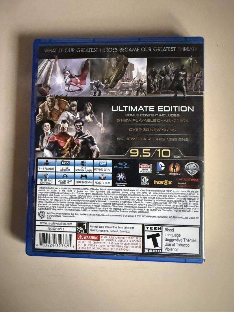 Injustice Gods Among Us Ultimate Edition PS4 (Category: PlayStation) located in Manila. Submitted by jpm317 (Listing ID 1461830714, Image 2). Description: - Injustice Gods Among Us Ultimate Edition for PS4 - Includes over 30 new skins - Features 6 new characters - Comes with 60 S.T.A.R. Lab missions - The ultimate edition for DC comics and fighting game fans.