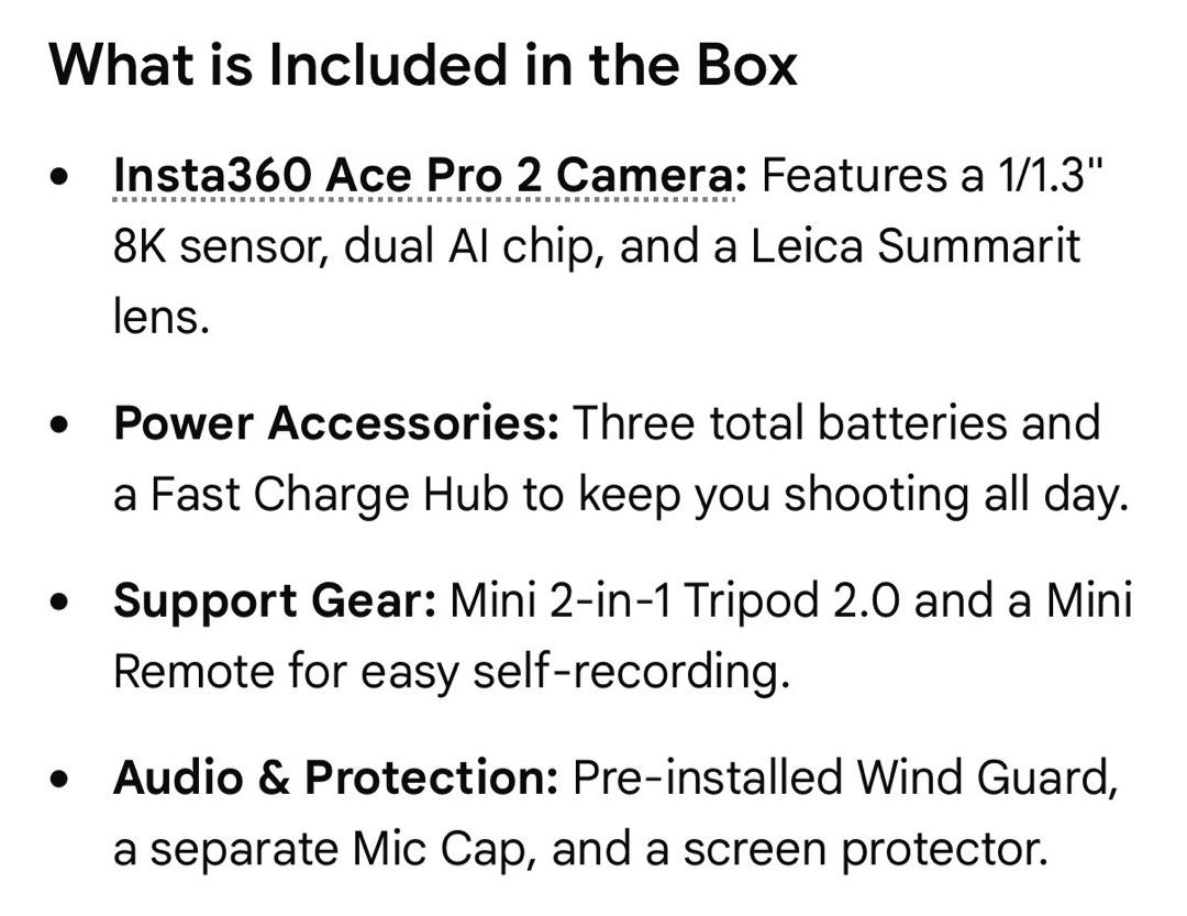 insta 360 ace pro 2 (creator bundle) (Category: Other Gadgets) located in Taytay. Submitted by lilalalaaay (Listing ID 1462031825, Image 3). Description: - Insta360 Ace Pro 2 Creator Bundle - Features 8K video recording - Equipped with a Leica Summarit lens - 2.5-inch flip touchscreen display - Includes multiple batteries and fast charge hub - Comes with mini tripod and remote - Pre-installed wind guard and mic cap - Screen protector included - W