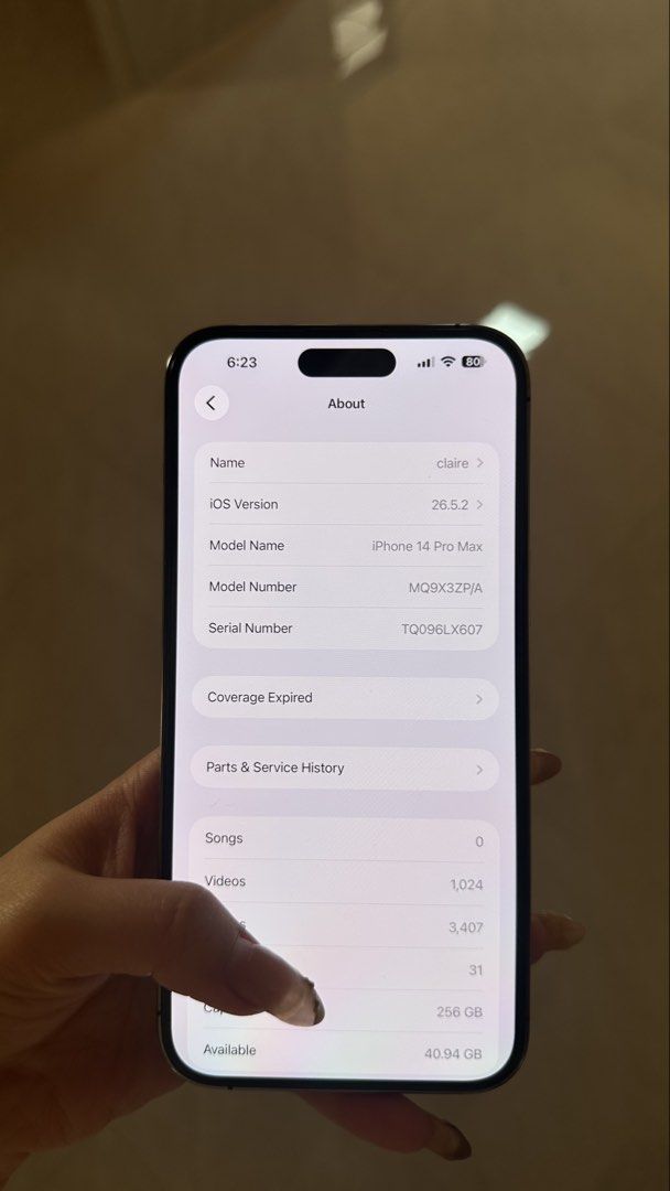 iPhone 14 Pro Max 256GB (Category: iPhone 14 Series) located in Angeles City. Submitted by mndanics (Listing ID 1461949134, Image 2). Description: iPhone 14 Pro Max Deep Purple FOR SALE OR SWAP (higher unit only) 256GB | 77% BH Factory Unlocked No history of repair All working Minimal scratches iOS 26.6.2 ZP/A Variant with cases asking price: ₱30,000 swap: ₱32,000 📍angeles city, pampanga.