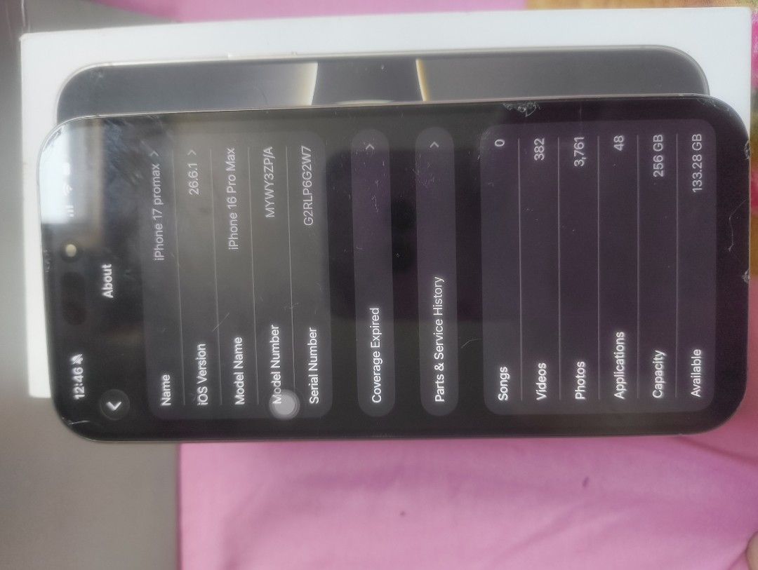 iphone 16 promax (Category: iPhone 16 Series) located in Quezon City. Submitted by dash06 (Listing ID 1461824539, Image 3). Description: iphone 16 promax 256gd 95%bh complate box sobran kinis issue palit na lcd oled same lng sa orig 42k neg pa unti .
