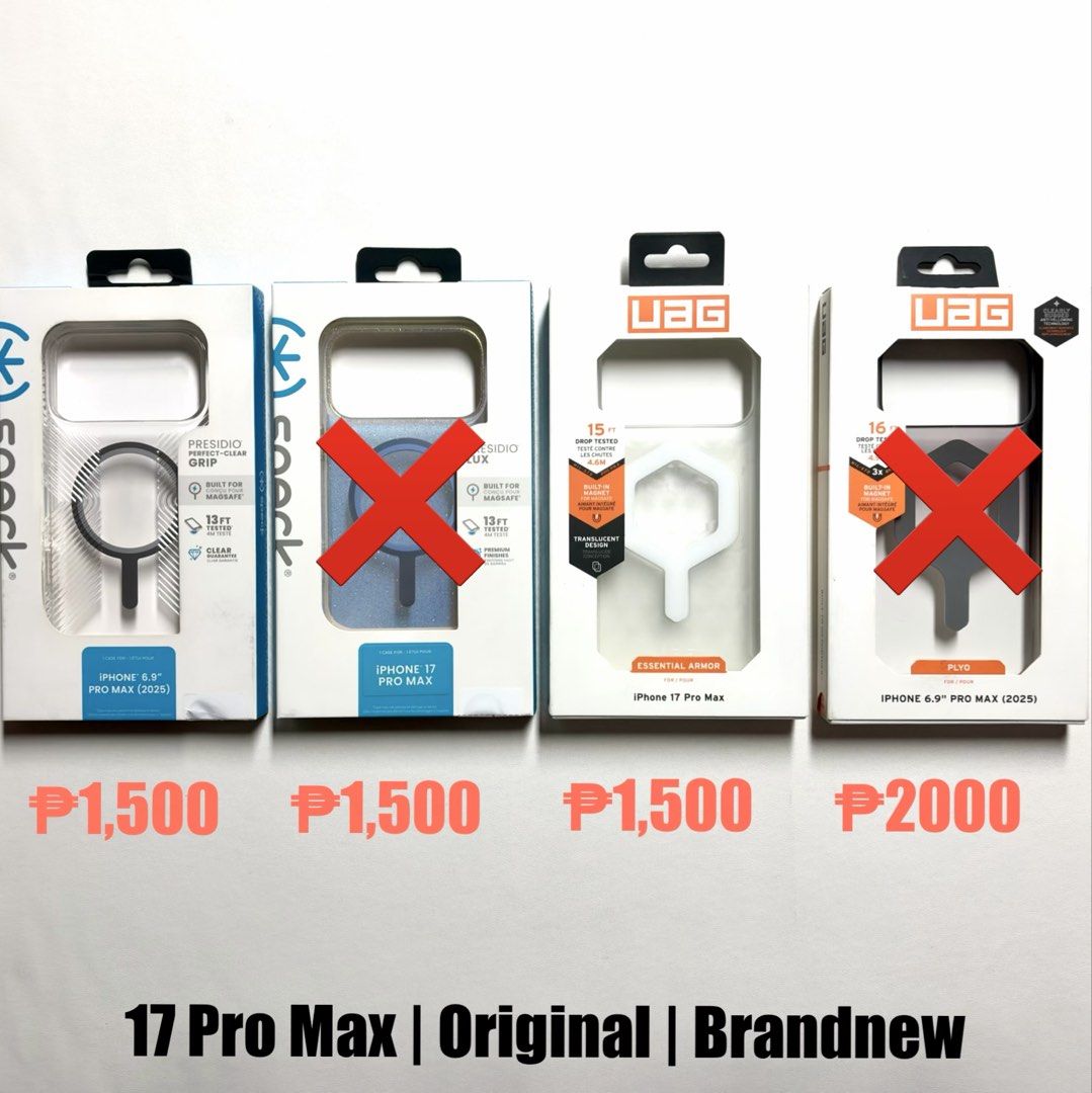 iPhone 17 Pro Max Branded Cases (Category: Cases & Sleeves) located in Quezon City. Submitted by titolotsky (Listing ID 1455786155, Image 2). Description: iPhone 17 Pro Max Branded Cases • Brandnew • Authentic ✨Tech 21- ₱2,000 ✨Kate Spade- ₱2,000 ✨UAG- ₱1,500 ✨Speck- ₱1,500 ✨Casestudi- ₱1,000 ✨Momax- ₱700 📍Tandang Sora QC 📍Can ship nationwide.