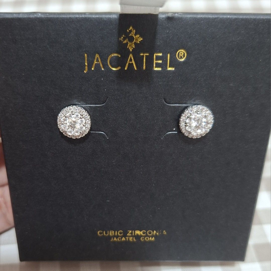 JACATEL Cubic Zirconia Stud Earrings (Category: Earrings) located in Pasig City. Submitted by avcan (Listing ID 1461798602, Image 2). Description: - Brand: JACATEL - Style: Sparkly stud earrings - Stones: Cubic zirconia in a halo design - Packaging: Original black box included - Extras: Extra earring backs provided - Occasion: Suitable for everyday wear or special events - Used once..