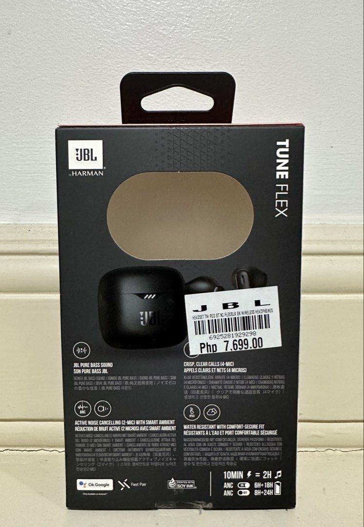 [AUTHENTIC] JBL Tune Flex True Wireless Earbuds - Black (Category: Earphones) located in Mandaue City. Submitted by decluttermama88 (Listing ID 1461902096, Image 3). Description: Bought at the airport. Used 2x only. Features: * JBL Pure Bass Sound * Active Noise Cancelling (ANC) * Smart Ambient mode * Crisp & clear calls with 4-mic technology * Bluetooth 5.2 * IPX4 water resistant * Up to 8 hours playback + up to 24 hours with charging case * USB