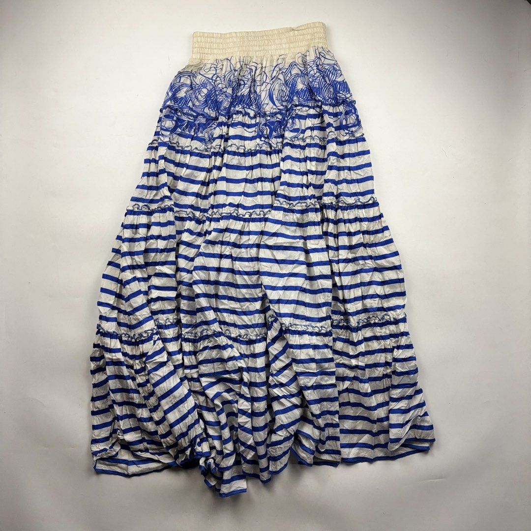 Jean Paul Gaultier Soleil Ruffle Printed (Category: Skirts) located in Makati City. Submitted by ragrepository (Listing ID 1461951687, Image 1). Description: Jean Paul Gaultier Soleil Ruffle Printed Maxi Skirt Tagged as Medium Waist - fits 24 -30 waistline Length-38” Leg opening- Condition-9/10 Flaw- Minor stain .