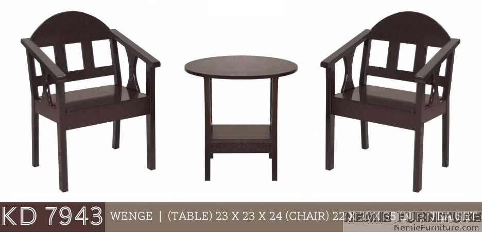 KD 7943 Coffee Table with 2 Chairs (Category: Tables & Sets) located in Quezon City. Submitted by nemiefurniture (Listing ID 1461877664, Image 1). Description: - Wenge Coffee Table and 2 Chairs Set - Model: KD 7943 - Table Dimensions: 23" (L) x 23" (W) x 24" (H) - Includes two matching chairs - Sturdy wood construction - Ideal for small living spaces or reading nooks - Please check photos for detailed condition https://nemiefurniture.com Prices n