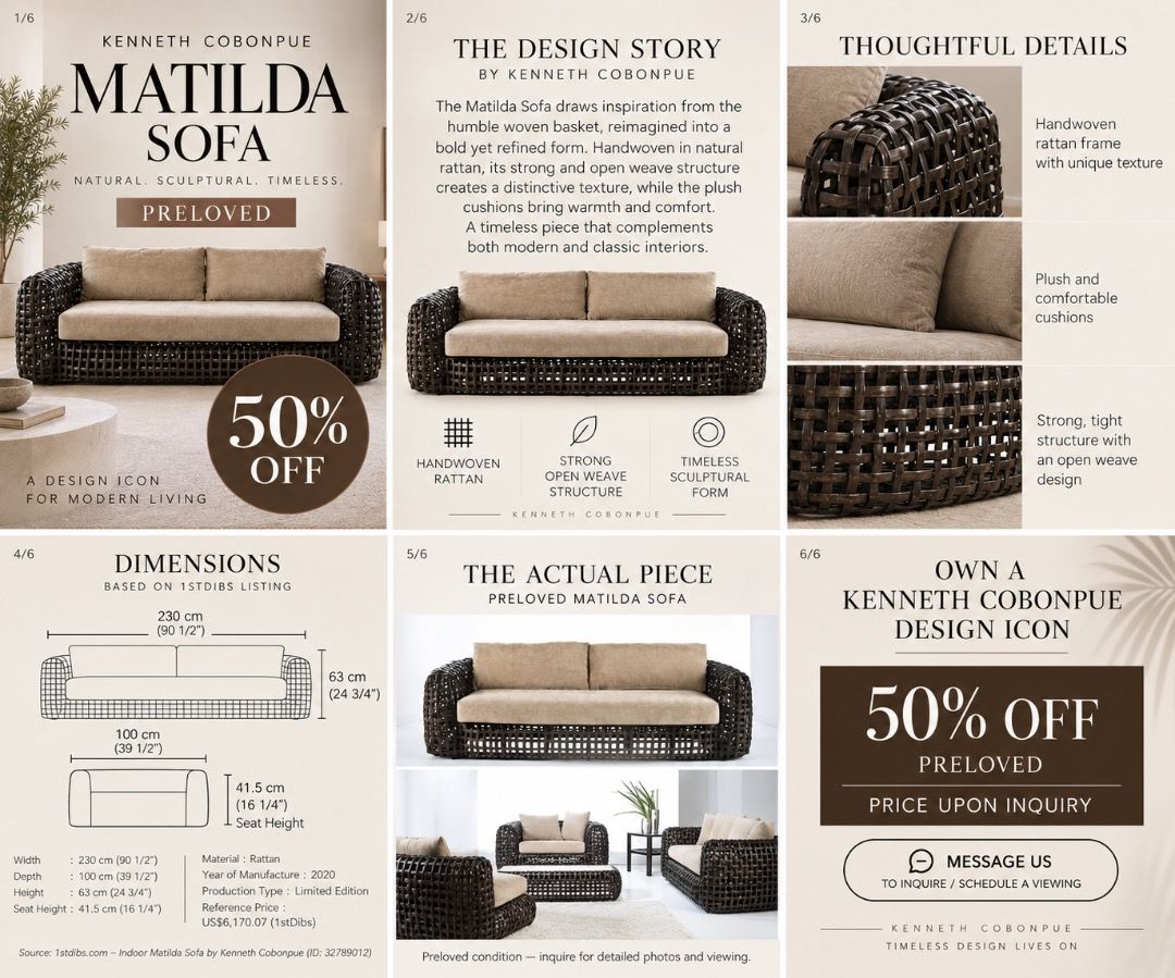 Kenneth Cobonpue Matilda Sofa - 50% Off Preloved (Category: Sofas) located in Taguig. Submitted by xiaomeimeiann (Listing ID 1461954336, Image 2). Description: - Preloved Kenneth Cobonpue Matilda Sofa - Handwoven rattan frame with a strong, open weave - Plush cushions for ultimate comfort - Timeless design icon, perfect for modern living - Offered at a 50% discount - Inquire for price and to schedule a viewing.