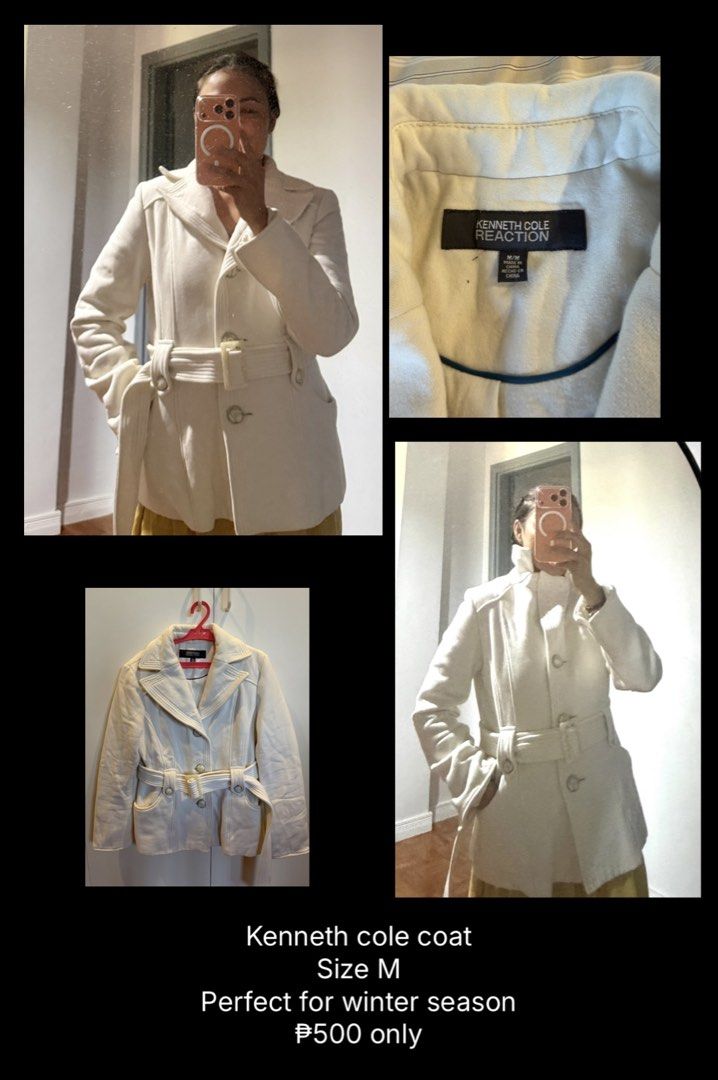 Kenneth Cole Reaction White Belted Coat Size M (Category: Coats, Jackets and Outerwear) located in Muntinlupa City. Submitted by liletmarriola (Listing ID 1461916355, Image 1). Description: White coat from Kenneth Cole Reaction. Belted waist with button closure. Great for the winter season. Size M. Roxy vest Beige corduroy jacket with fur on the collar & end of sleeve PRICES on the photo TAKE all 3 for ₱1,200 and get FREE Forever 21 leather jacke