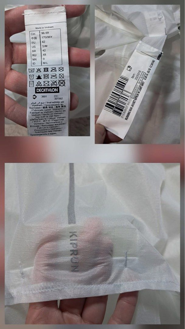 Kiprun White Lightweight Hooded Running Rain Jacket (Category: Coats, Jackets and Outerwear) located in Baguio. Submitted by padisellsz (Listing ID 1461923271, Image 2). Description: - White Kiprun running jacket - Very good condition - Lightweight and hooded design - Reflective details on front and back for visibility - Zippered side pockets and a chest pocket for secure storage - Made in Vietnam - Size M (EU 42, UK 14, US L) - Approximate measu