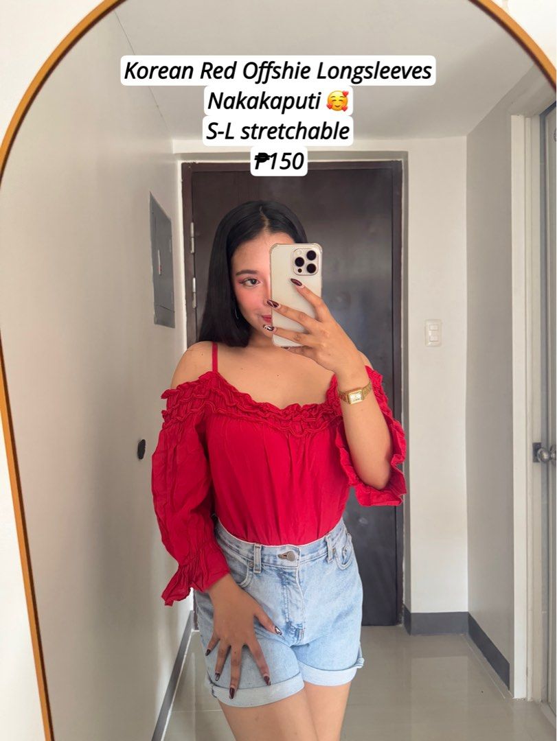 Korean Red Off-Shoulder Longsleeves Top (Category: Longsleeves) located in Quezon City. Submitted by ronavillezar (Listing ID 1461930336, Image 1). Description: - Red off-shoulder longsleeve top - Flattering and brightens complexion. Nakakaputi - Fits Small to Large frames - Stretchable fabric for comfort - Versatile: perfect for casual days or a night out - Easy to style with jeans or shorts - Super comfy and stylish.