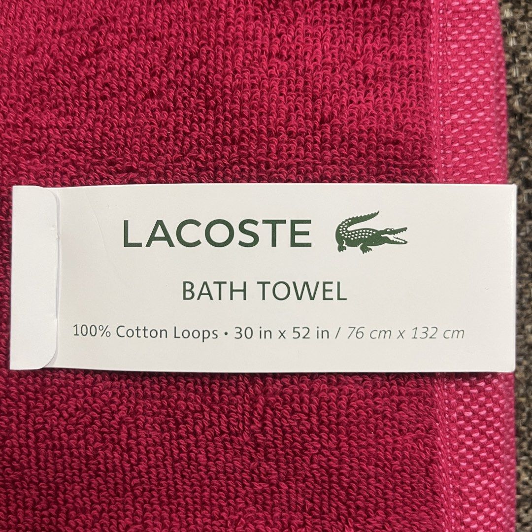 Lacoste Bath Towel - Pink with Crocodile Logo (Category: Bedding & Towels) located in San Remigio. Submitted by shop.rhea.usa (Listing ID 1461826586, Image 3). Description: P1,000 Payment method: BPI Payment first before shipping No reservations 100% authentic from USA - Brand new Lacoste bath towel - Vibrant pink with a lighter pink stripe - Iconic green crocodile logo on stripe - Made from 100% cotton loops - Dimensions: 30 inches x 52 inches (