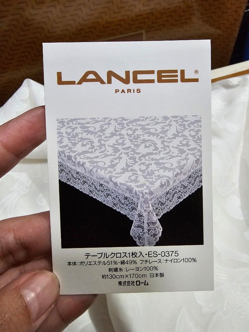 SALE❗LANCEL Lace Table Cloth (Category: Table Linen & Textiles) located in Quezon City. Submitted by senyoramaria (Listing ID 1461983261, Image 3). Description: LANCEL Table Cloth 51% Polyester, 49% Cotton Lace on edges Clean, no issue. 130 x 170 cm Php1000❗.