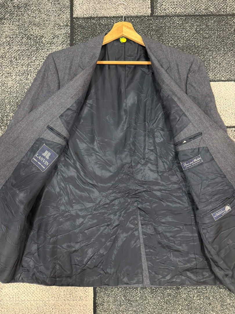 Lanvin Paris Wool Lined Coat (Category: Coats, Jackets and Outerwear) located in Iloilo. Submitted by bunitoapparel_v2 (Listing ID 1461918108, Image 3). Description: Lanvin Paris Wool Lined Coat Excellent Condition No Flaws Made in USA Size Large to XL Width 23 Length 32 Vintage Lanvin Paris-New York grey blazer featuring a branded jacquard interior lining and indicating the marks of world best All virgin Wool indicating the mid century or vintag