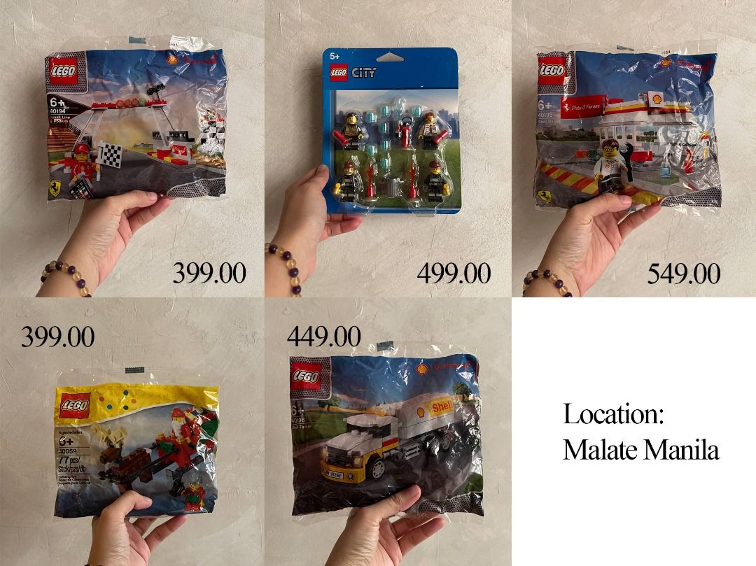 Lego Shell Collection Lego City (Category: Lego & Building Sets) located in Manila. Submitted by royalfalcon_223f06 (Listing ID 1461808049, Image 1). Description: Limited edition retired set LEGO Shell Tanker 40196 Polybag - 449.00 Limited edition LEGO Shell Ferarri Shell Station 40195 Polybag - 549.00 Limited edition LEGO Shell Ferrari Finish Line & Podium 40194 Polybag - 399.00 LEGO City Fire Accessory Set 850618 - 499.00 LEGO Santa Sleigh 4005