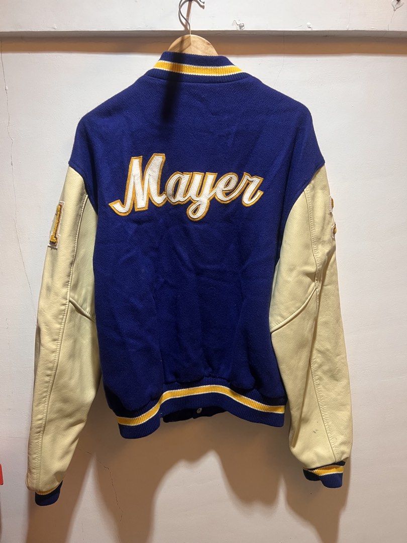 Letter man varsity jacket (Category: Coats, Jackets and Outerwear) located in San Juan, La Union. Submitted by jeggystyle (Listing ID 1461961818, Image 3). Description: - Vintage varsity jacket - Blue wool body with cream leather sleeves - 'John' and 'Gladiators Water Polo' embroidery on front - 'CAPT' patch on chest - 'Mayer' embroidery on back - Ribbed collar, cuffs, and hem - Button-up closure.