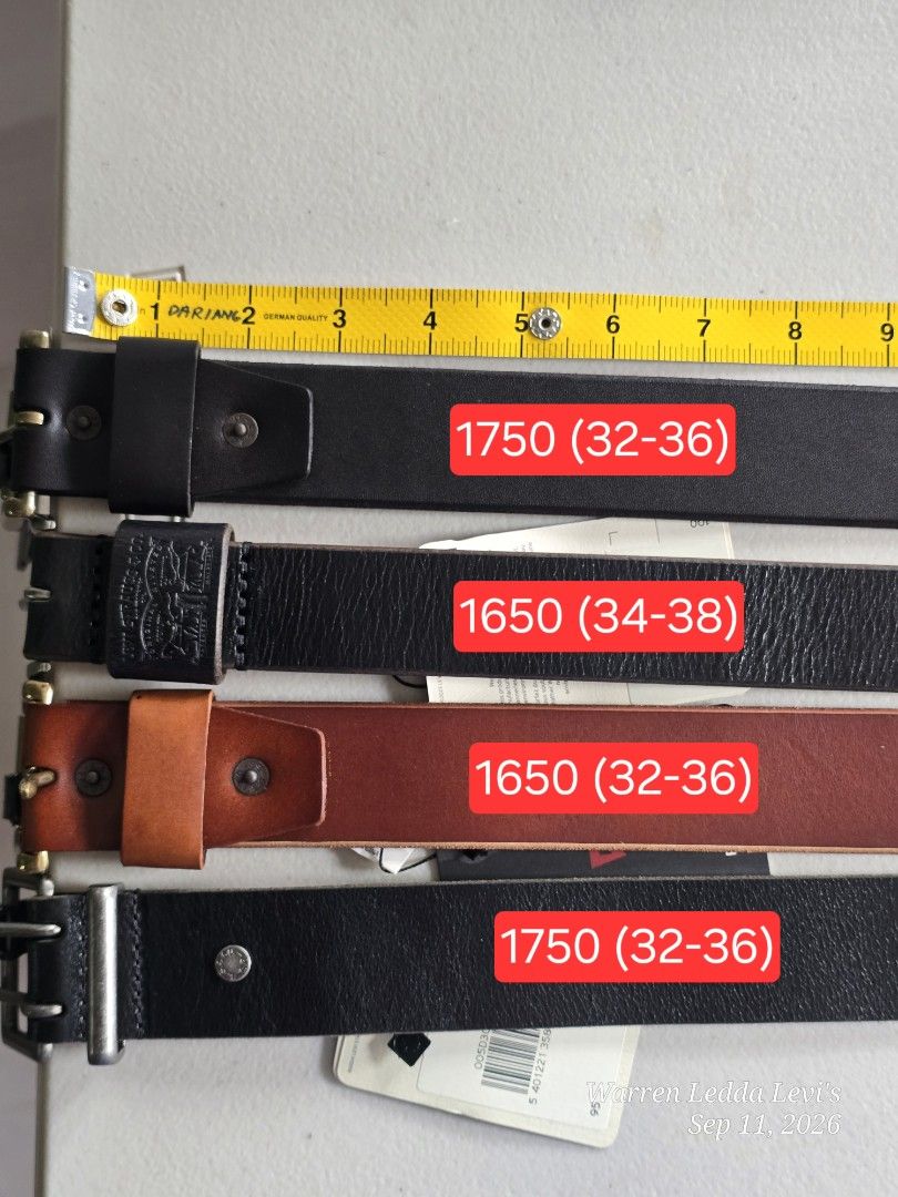 Levi's Leather Belts - Various Sizes and Colors (Category: Belts) located in Manila. Submitted by wd_closet (Listing ID 1462027080, Image 2). Description: - Authentic Levi's Leather Belts - Available Colors: 2 Black, 1 Brown, 1 Dark Brown - Sizes: 32-36 to 34-38 - Price Range: P1650 - P1750 - Condition: Brand new with original tags attached - Material: High-quality genuine leather.