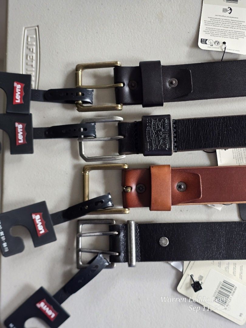 Levi's Leather Belts - Various Sizes and Colors (Category: Belts) located in Manila. Submitted by wd_closet (Listing ID 1462027080, Image 1). Description: - Authentic Levi's Leather Belts - Available Colors: 2 Black, 1 Brown, 1 Dark Brown - Sizes: 32-36 to 34-38 - Price Range: P1650 - P1750 - Condition: Brand new with original tags attached - Material: High-quality genuine leather.