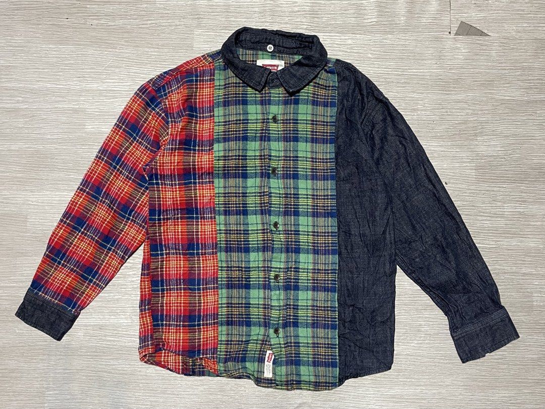 Levi's Patchwork Flannel Denim Shirt Size M (Category: Babies & Kids Fashion) located in Manila. Submitted by rayuki39 (Listing ID 1461913647, Image 1). Description: - Authentic Levi's shirt with a unique patchwork design. - Combines red plaid, green plaid, and classic denim fabric. - Denim collar and sleeves for a stylish look. - Tag size: M (150/72). - Material: 100% Cotton shell fabric. - Origin: Made in China..