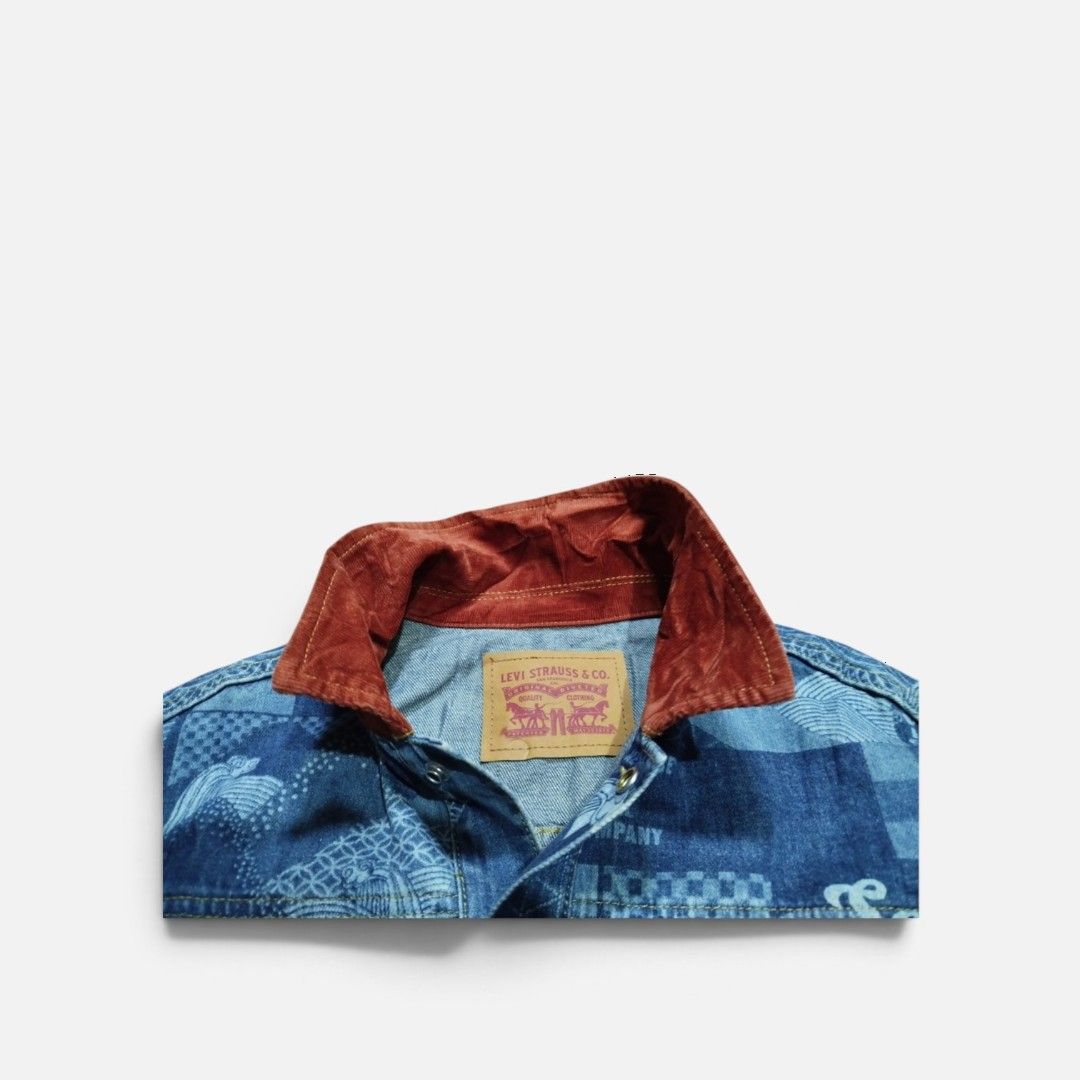 Levi's San Francisco Denim Jacket Patchwork Print (Category: Coats, Jackets and Outerwear) located in Quezon. Submitted by ikeanbuy2025 (Listing ID 1462031093, Image 3). Description: - Authentic Levi's denim jacket - Unique San Francisco patchwork print - Comfortable corduroy collar - Two chest pockets with button closure - Classic button front - Ideal for layering.