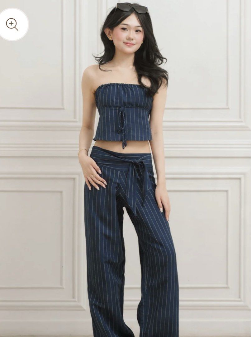 lf/wtb isa the label easy set ! (Category: Sets or Coordinates) located in Caloocan City. Submitted by dxsteen (Listing ID 1461932896, Image 1). Description: - Navy blue pinstripe set - Tube top with tie front detail - High-waisted wide leg pants with tie waist - Comfortable and stylish for day or evening - Ideal for summer vibes.