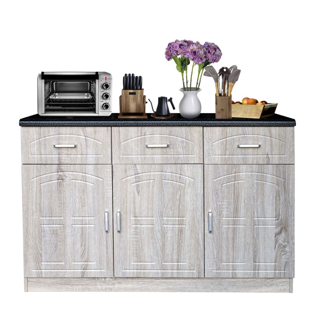 Light Wood Kitchen Cabinet with Black Countertop (Category: Shelves, Cabinets & Racks) located in Caloocan City. Submitted by allhomeagroputatan_f87429 (Listing ID 1461824850, Image 1). Description: - Three-door kitchen cabinet - Black speckled countertop - Three drawers on top - Three cabinet doors below - Light, neutral wood grain finish - Ample storage space for kitchen essentials - Ideal for home organization.
