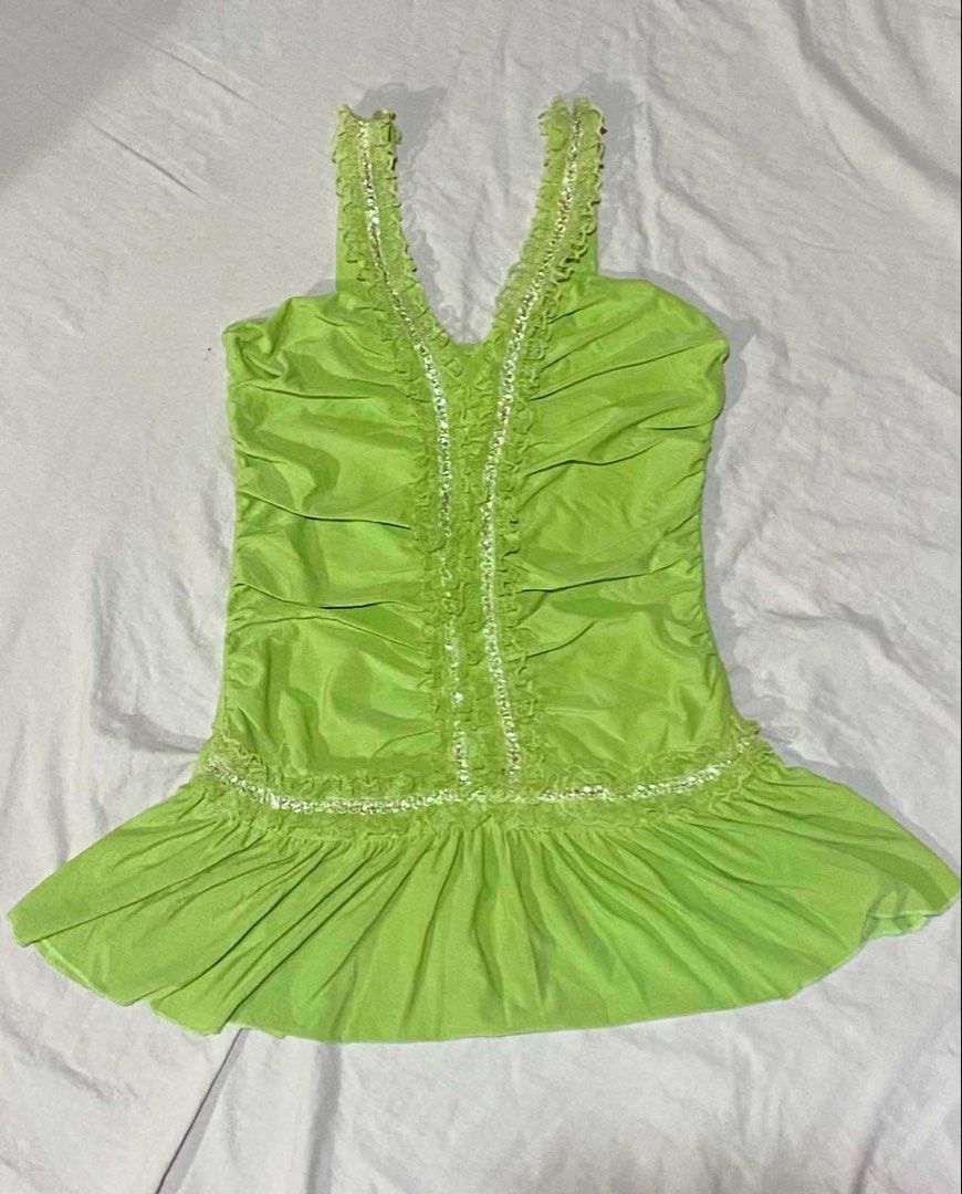 Lime Green Fairycore Y2K Ruched Top (Category: Sleeveless) located in Manila. Submitted by manicpixiefinds (Listing ID 1461838501, Image 1). Description: dreamy lime green fairycore top with a super cute fitted silhouette ♡ pretty statement piece!! features all-over ruching, delicate lace trim, sparkly rhinestone detailing, and a slightly flared hem..