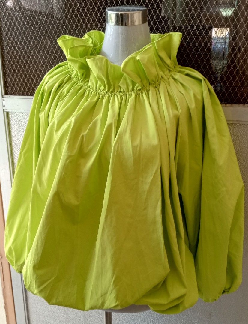 Lime Green Ruffled Neck Balloon Sleeve Top (Category: Blouses) located in Cebu City. Submitted by violacloset (Listing ID 1461801464, Image 3). Description: Measurements: length: 29 1/2 width: 21 1/2 arm length: 24 1/2.