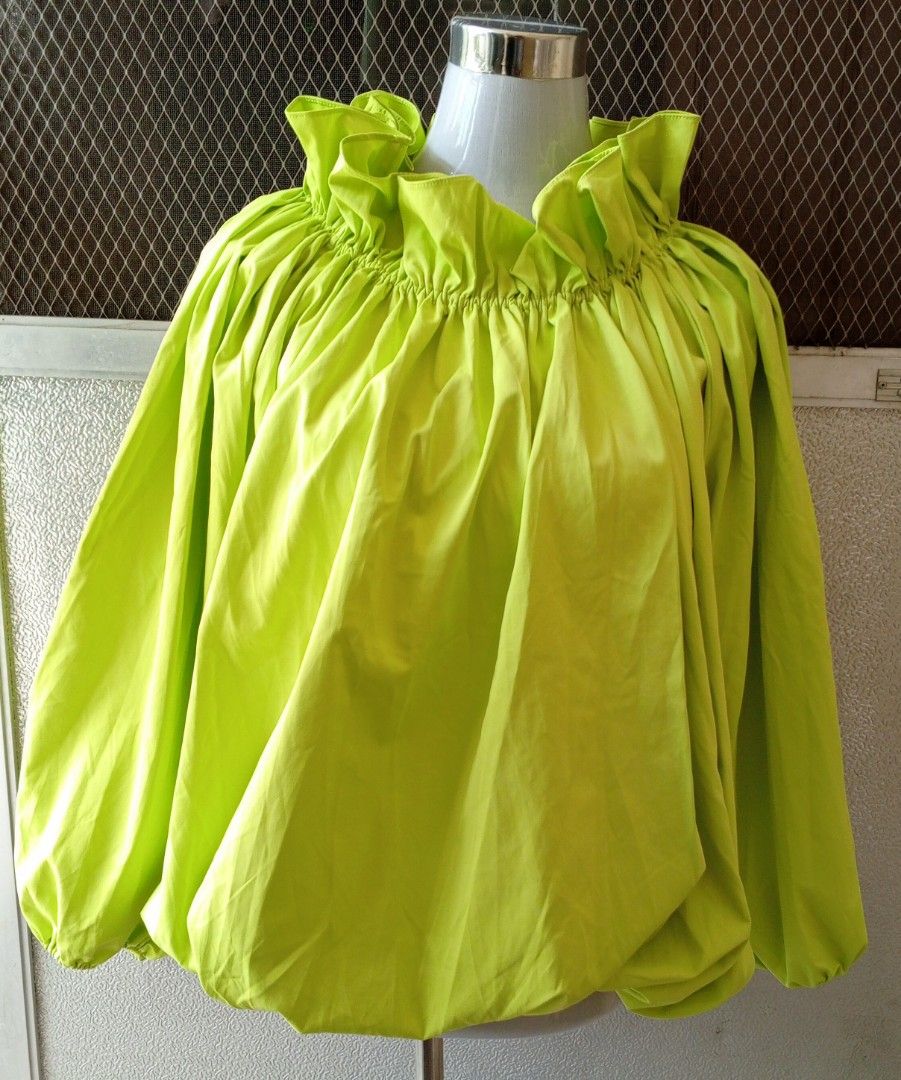 Lime Green Ruffled Neck Balloon Sleeve Top (Category: Blouses) located in Cebu City. Submitted by violacloset (Listing ID 1461801464, Image 1). Description: Measurements: length: 29 1/2 width: 21 1/2 arm length: 24 1/2.