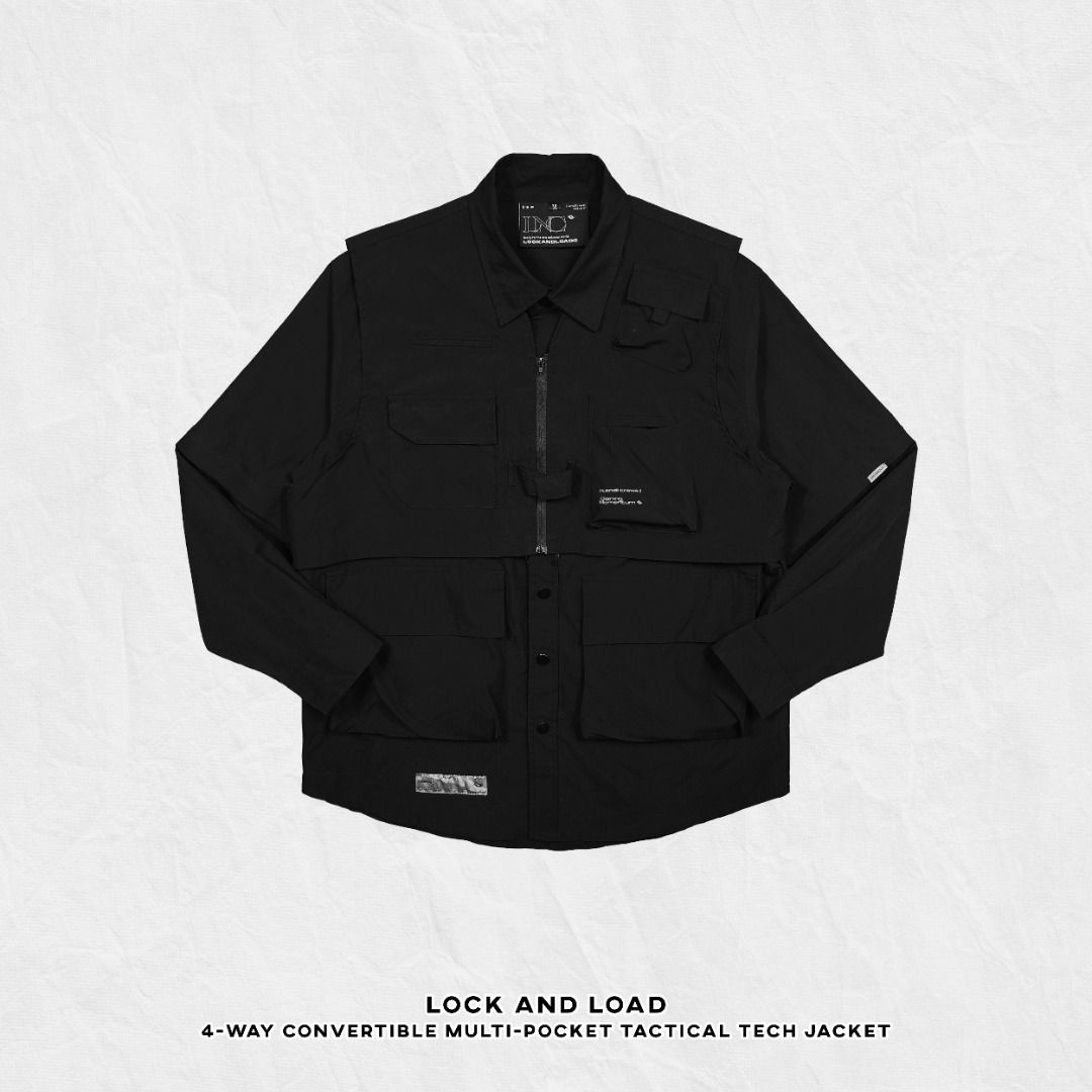 LOCK AND LOAD 4-WAY CONVERTIBLE TACTICAL TECHWEAR JACKET (Category: Coats, Jackets and Outerwear) located in Baguio. Submitted by curatedandselected (Listing ID 1461906242, Image 2). Description: Size: large Dimes: 22W x 29.5L Condition: 9.5/10 Fabric: nylon.